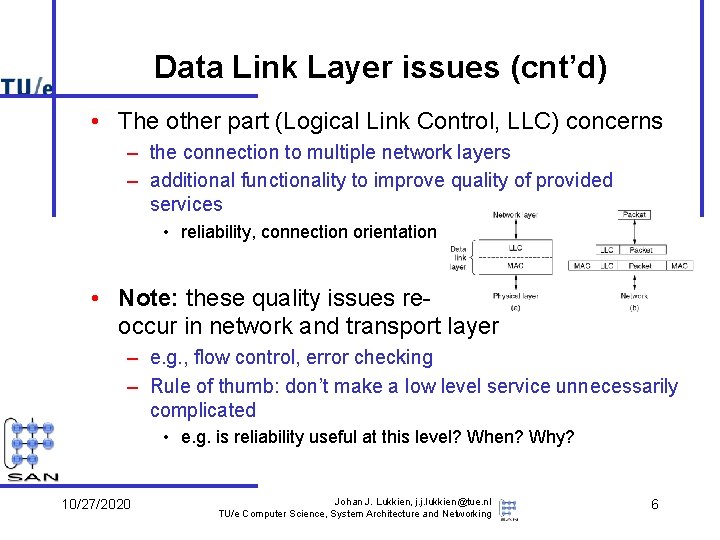 Data Link Layer issues (cnt’d) • The other part (Logical Link Control, LLC) concerns Data Link Layer issues (cnt’d) • The other part (Logical Link Control, LLC) concerns