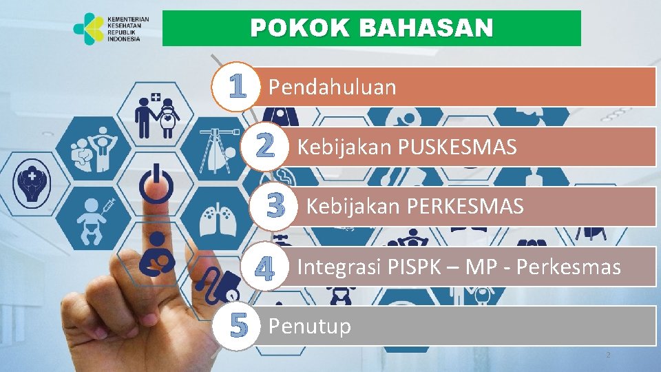 POKOK BAHASAN 1 Pendahuluan 2 3 4 5 Kebijakan PUSKESMAS Kebijakan PERKESMAS Integrasi PISPK