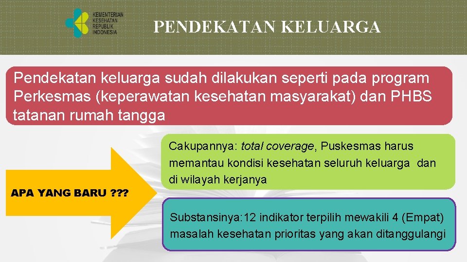 PENDEKATAN KELUARGA Pendekatan keluarga sudah dilakukan seperti pada program Perkesmas (keperawatan kesehatan masyarakat) dan