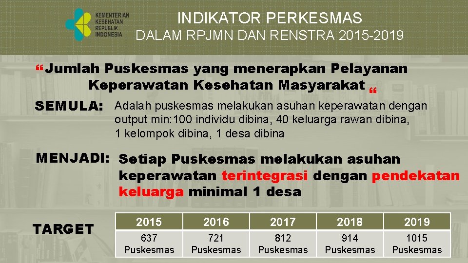 INDIKATOR PERKESMAS DALAM RPJMN DAN RENSTRA 2015 -2019 “ Jumlah Puskesmas yang menerapkan Pelayanan