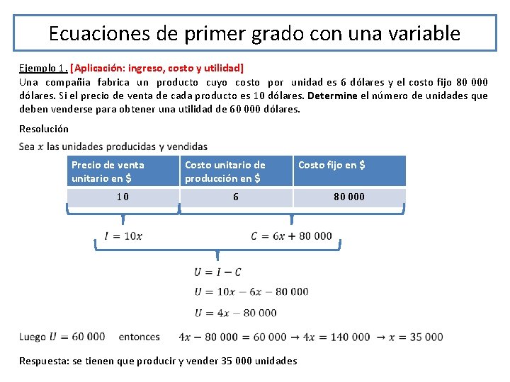 Ecuaciones de primer grado con una variable Ejemplo 1. [Aplicación: ingreso, costo y utilidad]