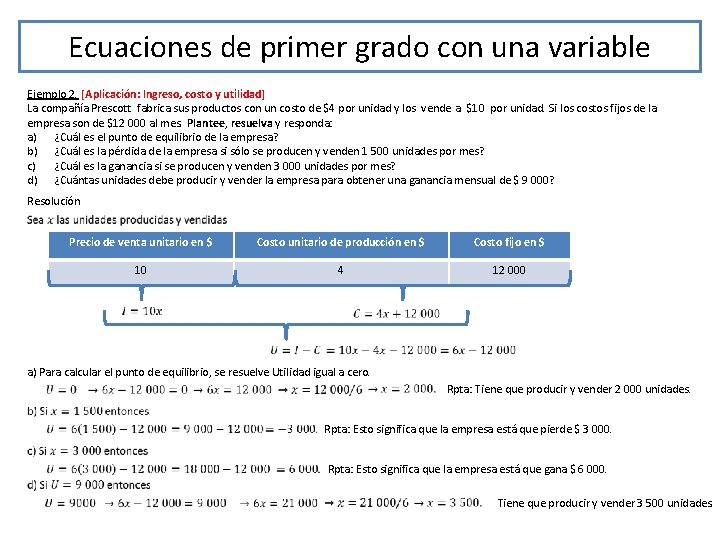 Ecuaciones de primer grado con una variable Ejemplo 2. [Aplicación: Ingreso, costo y utilidad]