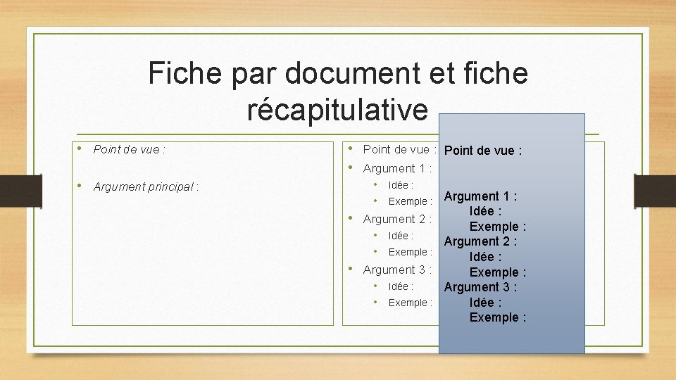 Fiche par document et fiche récapitulative • Point de vue : • Argument principal