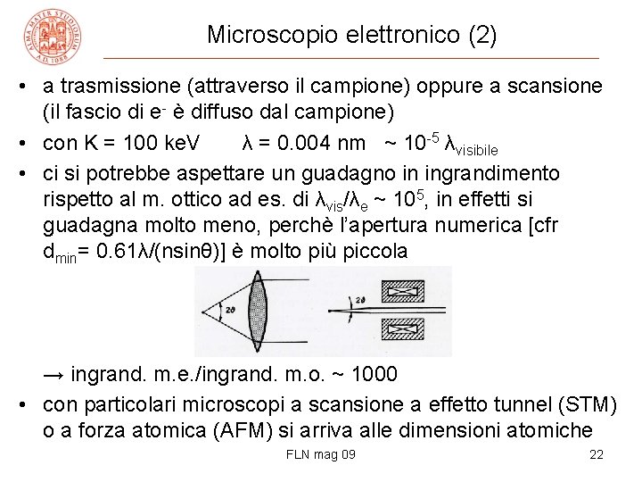 Microscopio elettronico (2) • a trasmissione (attraverso il campione) oppure a scansione (il fascio