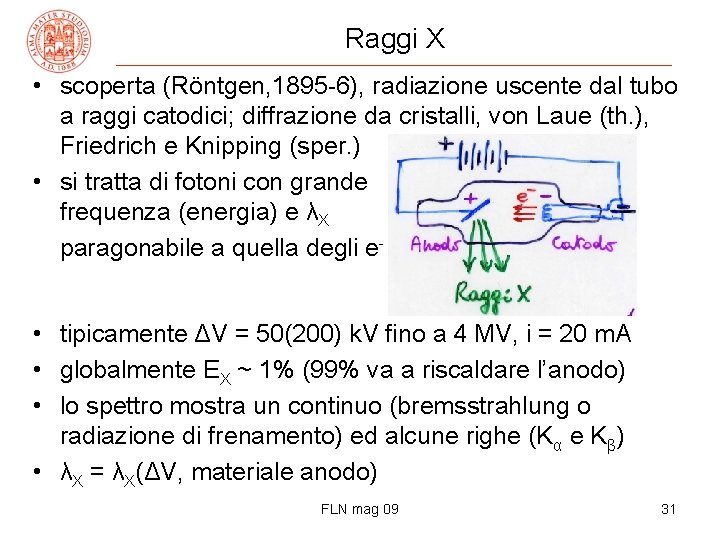 Raggi X • scoperta (Röntgen, 1895 -6), radiazione uscente dal tubo a raggi catodici;