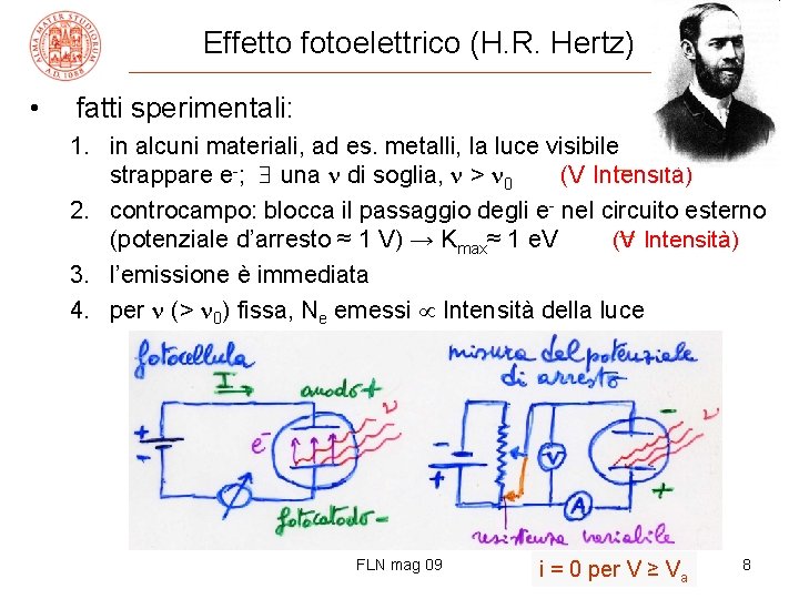 Effetto fotoelettrico (H. R. Hertz) • fatti sperimentali: 1. in alcuni materiali, ad es.