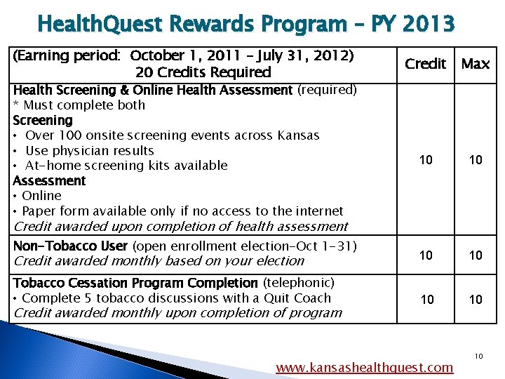 Health. Quest Rewards Program – PY 2013 (Earning period: October 1, 2011 – July