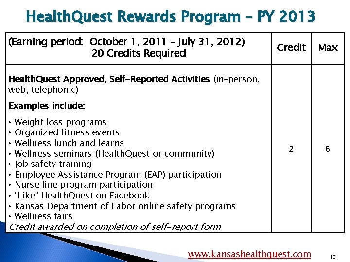 Health. Quest Rewards Program – PY 2013 (Earning period: October 1, 2011 – July