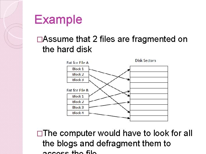 Example �Assume that 2 files are fragmented on the hard disk �The computer would