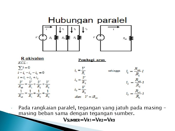 Pada rangkaian paralel, tegangan yang jatuh pada masing – masing beban sama dengan