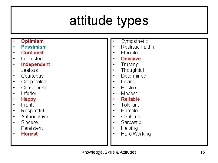 attitude types • • • • • Optimism Pessimism Confident Interested Independent Jealous Courteous