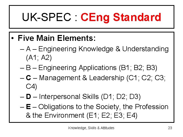 UK-SPEC : CEng Standard • Five Main Elements: – A – Engineering Knowledge &