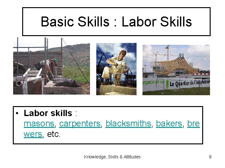 Basic Skills : Labor Skills • Labor skills : masons, carpenters, blacksmiths, bakers, bre