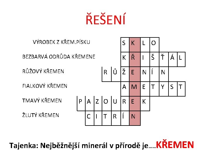 ŘEŠENÍ VÝROBEK Z KŘEM. PÍSKU BEZBARVÁ ODRŮDA KŘEMENE RŮŽOVÝ KŘEMEN FIALKOVÝ KŘEMEN TMAVÝ KŘEMEN