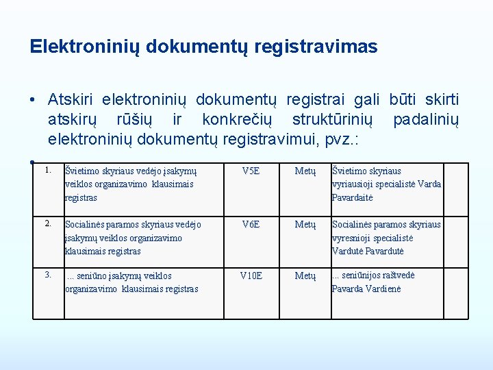 Elektroninių dokumentų registravimas • Atskiri elektroninių dokumentų registrai gali būti skirti atskirų rūšių ir