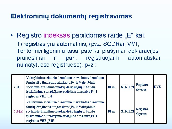 Elektroninių dokumentų registravimas • Registro indeksas papildomas raide „E“ kai: 1) registras yra automatinis,