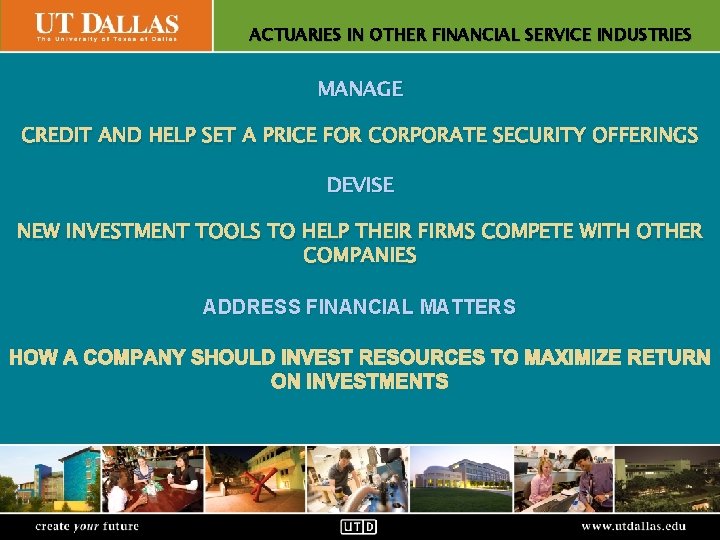 ACTUARIES IN OTHER FINANCIAL SERVICE INDUSTRIES Office of Communications MANAGE CREDIT AND HELP SET