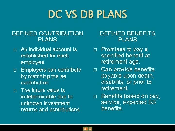 Office of Communications DC VS DB PLANS DEFINED CONTRIBUTION PLANS � � � An