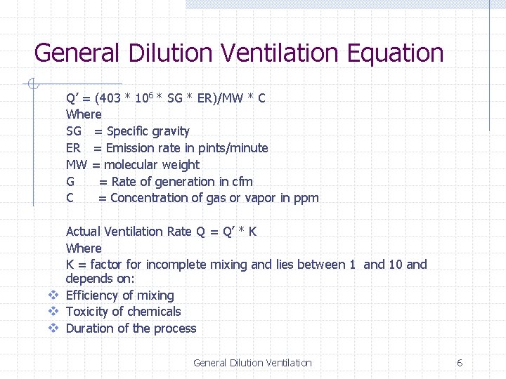 General Dilution Ventilation Equation Q’ = (403 * 106 * SG * ER)/MW *