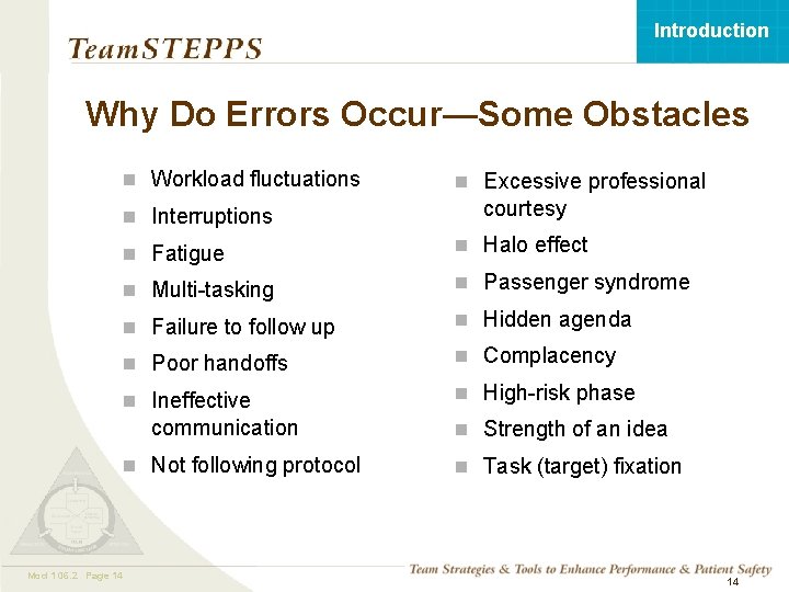 Introduction Why Do Errors Occur—Some Obstacles n Workload fluctuations n Excessive professional courtesy n