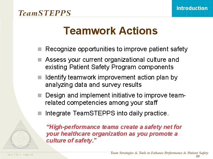 Introduction Teamwork Actions n Recognize opportunities to improve patient safety n Assess your current