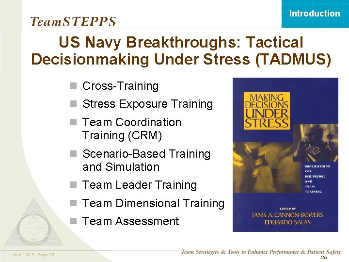 Introduction US Navy Breakthroughs: Tactical Decisionmaking Under Stress (TADMUS) n Cross-Training n Stress Exposure