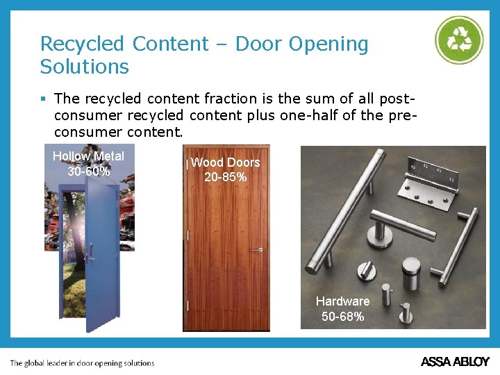 Recycled Content – Door Opening Solutions § The recycled content fraction is the sum Recycled Content – Door Opening Solutions § The recycled content fraction is the sum
