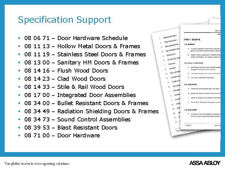 Specification Support § § § § 08 06 71 – Door Hardware Schedule 08 Specification Support § § § § 08 06 71 – Door Hardware Schedule 08