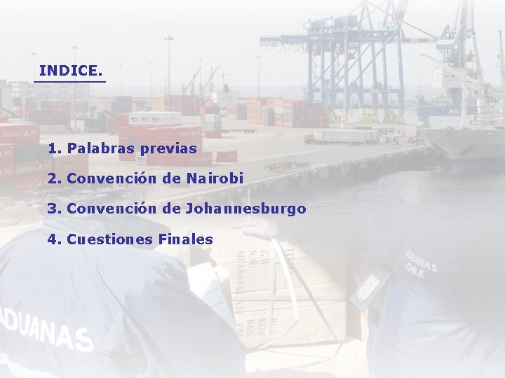 INDICE. 1. Palabras previas 2. Convención de Nairobi 3. Convención de Johannesburgo 4. Cuestiones