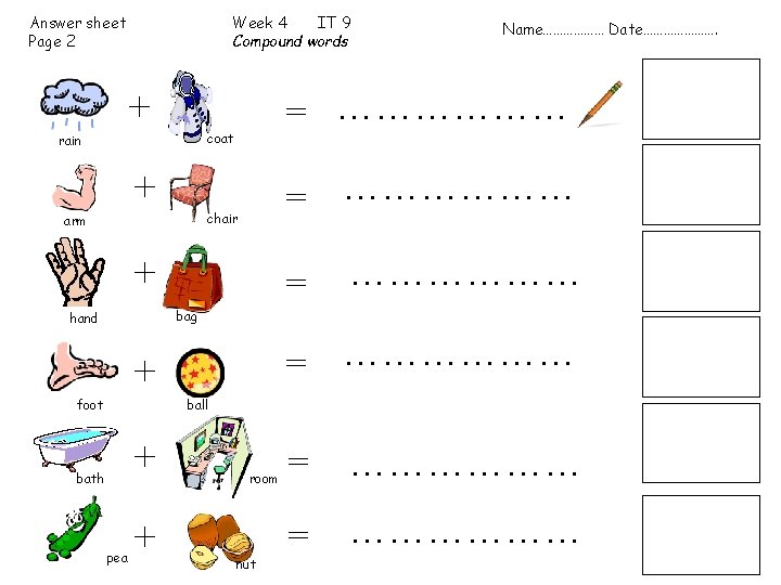 Answer sheet Page 2 Week 4 IT 9 Compound words + = ……………… coat