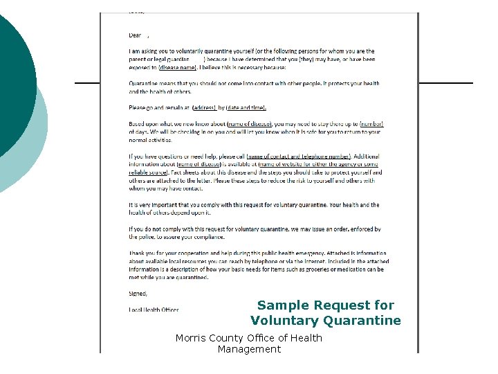 Sample Request for Voluntary Quarantine Morris County Office of Health Management 