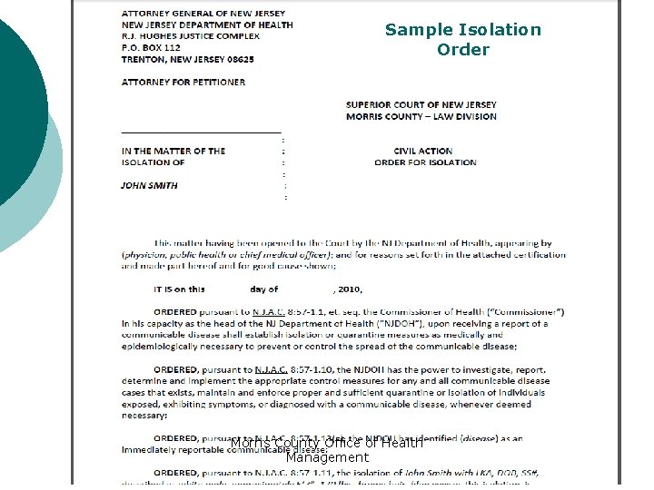 Sample Isolation Order Morris County Office of Health Management 