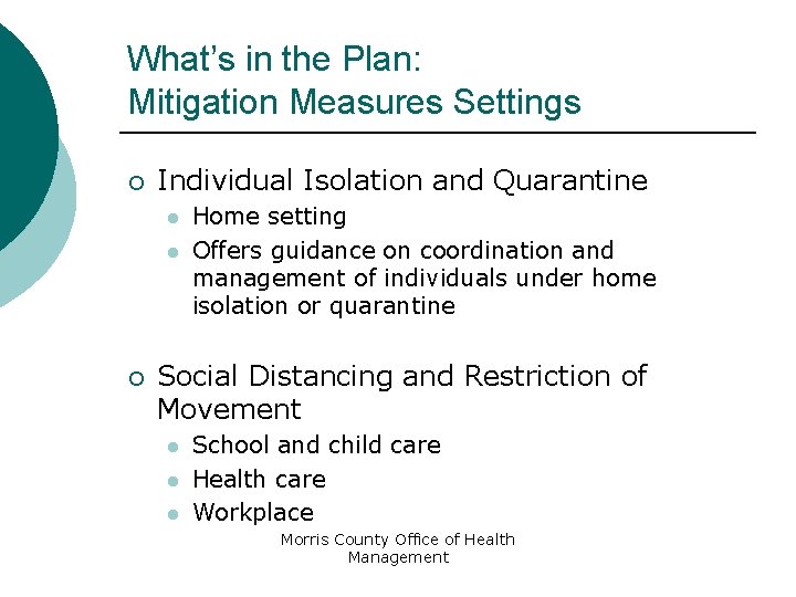 What’s in the Plan: Mitigation Measures Settings ¡ Individual Isolation and Quarantine l l