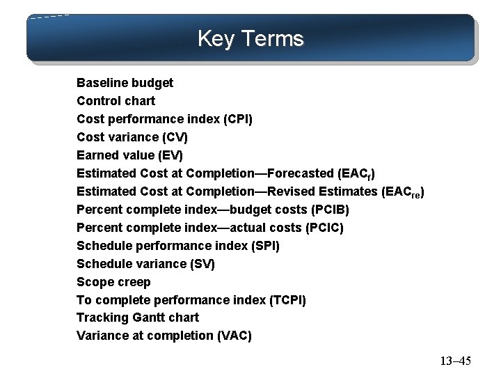 Key Terms Baseline budget Control chart Cost performance index (CPI) Cost variance (CV) Earned