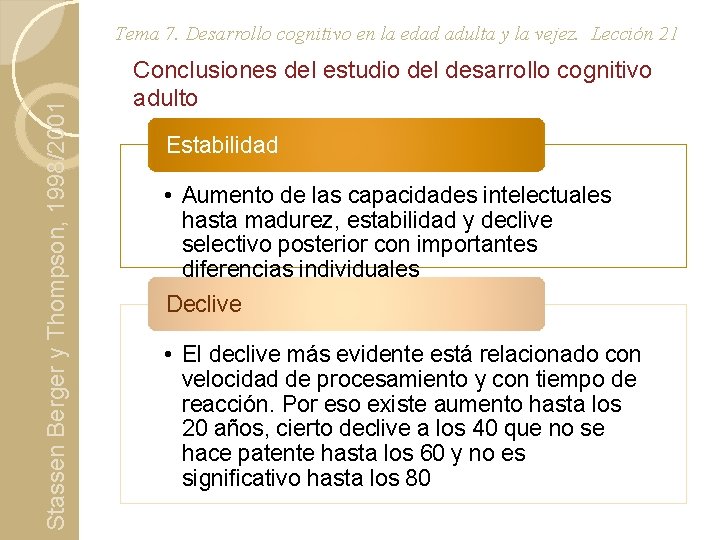 Stassen Berger y Thompson, 1998/2001 Tema 7. Desarrollo cognitivo en la edad adulta y