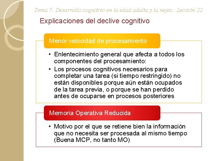 Tema 7. Desarrollo cognitivo en la edad adulta y la vejez. Lección 22 Explicaciones