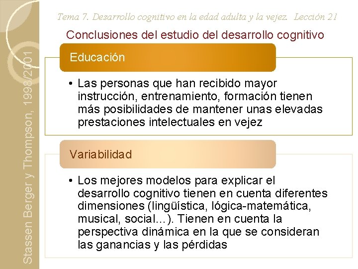 Stassen Berger y Thompson, 1998/2001 Tema 7. Desarrollo cognitivo en la edad adulta y