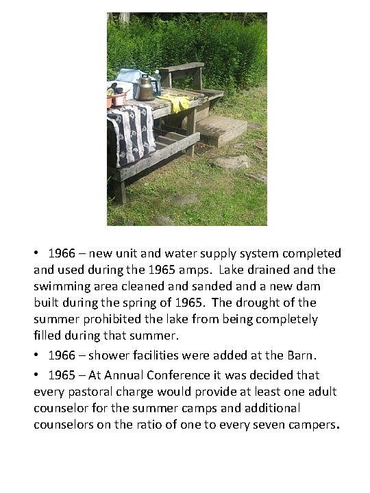  • 1966 – new unit and water supply system completed and used during