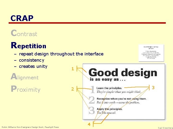 CRAP Contrast Repetition – repeat design throughout the interface – consistency – creates unity