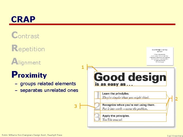 CRAP Contrast Repetition Alignment Proximity 1 – groups related elements – separates unrelated ones