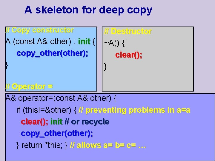 A skeleton for deep copy // Copy constructor A (const A& other) : init