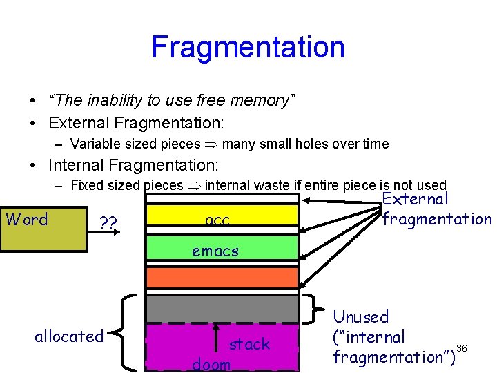 Fragmentation • “The inability to use free memory” • External Fragmentation: – Variable sized Fragmentation • “The inability to use free memory” • External Fragmentation: – Variable sized