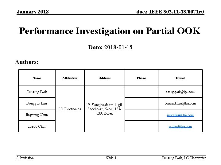 January 2018 doc. : IEEE 802. 11 -18/0071 r 0 Performance Investigation on Partial