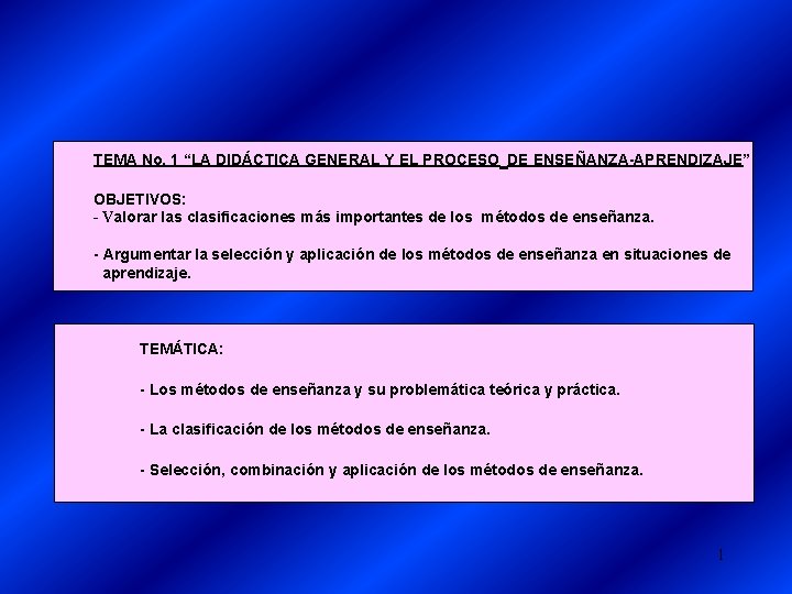 TEMA No. 1 “LA DIDÁCTICA GENERAL Y EL PROCESO DE ENSEÑANZA-APRENDIZAJE” OBJETIVOS: - Valorar TEMA No. 1 “LA DIDÁCTICA GENERAL Y EL PROCESO DE ENSEÑANZA-APRENDIZAJE” OBJETIVOS: - Valorar