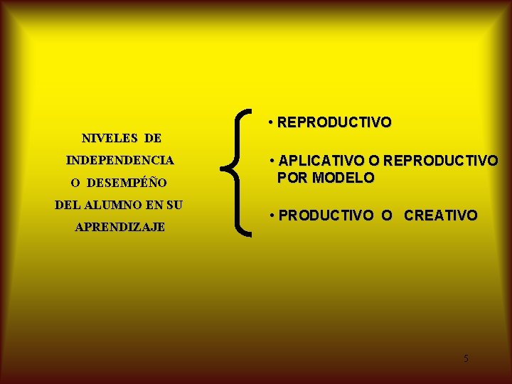 NIVELES DE INDEPENDENCIA O DESEMPÉÑO DEL ALUMNO EN SU APRENDIZAJE • REPRODUCTIVO • APLICATIVO NIVELES DE INDEPENDENCIA O DESEMPÉÑO DEL ALUMNO EN SU APRENDIZAJE • REPRODUCTIVO • APLICATIVO