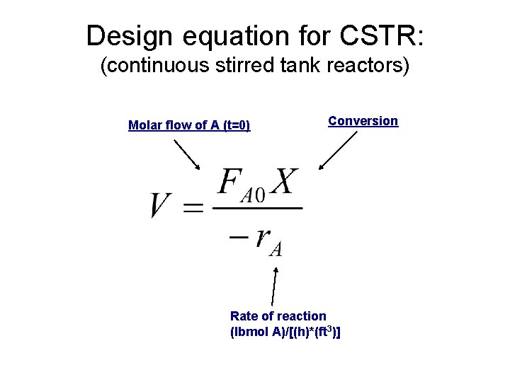 Design equation for CSTR: (continuous stirred tank reactors) Molar flow of A (t=0) Conversion