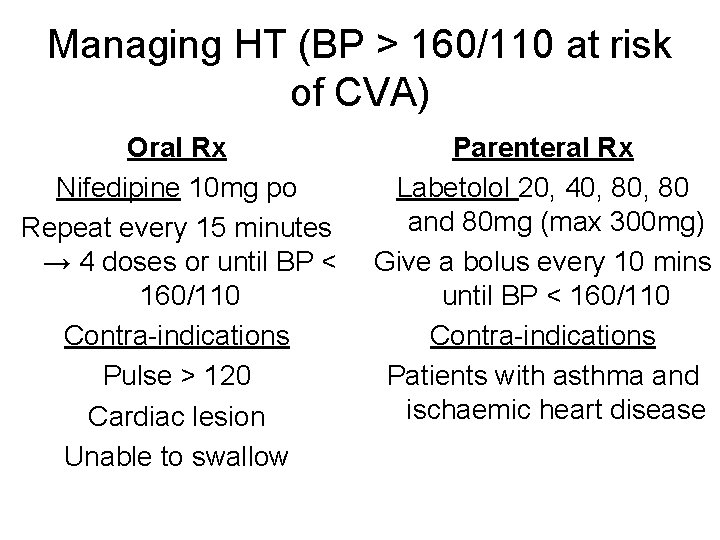 Managing HT (BP > 160/110 at risk of CVA) Oral Rx Nifedipine 10 mg
