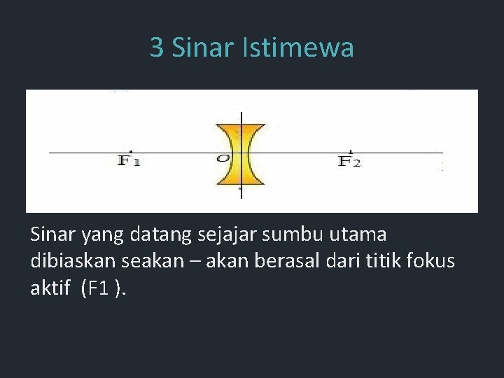 3 Sinar Istimewa Sinar yang datang sejajar sumbu utama dibiaskan seakan – akan berasal 3 Sinar Istimewa Sinar yang datang sejajar sumbu utama dibiaskan seakan – akan berasal