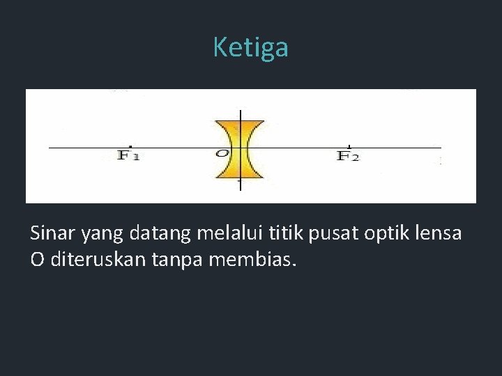 Ketiga Sinar yang datang melalui titik pusat optik lensa O diteruskan tanpa membias. Ketiga Sinar yang datang melalui titik pusat optik lensa O diteruskan tanpa membias.