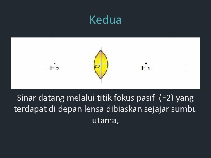 Kedua Sinar datang melalui titik fokus pasif (F 2) yang terdapat di depan lensa Kedua Sinar datang melalui titik fokus pasif (F 2) yang terdapat di depan lensa
